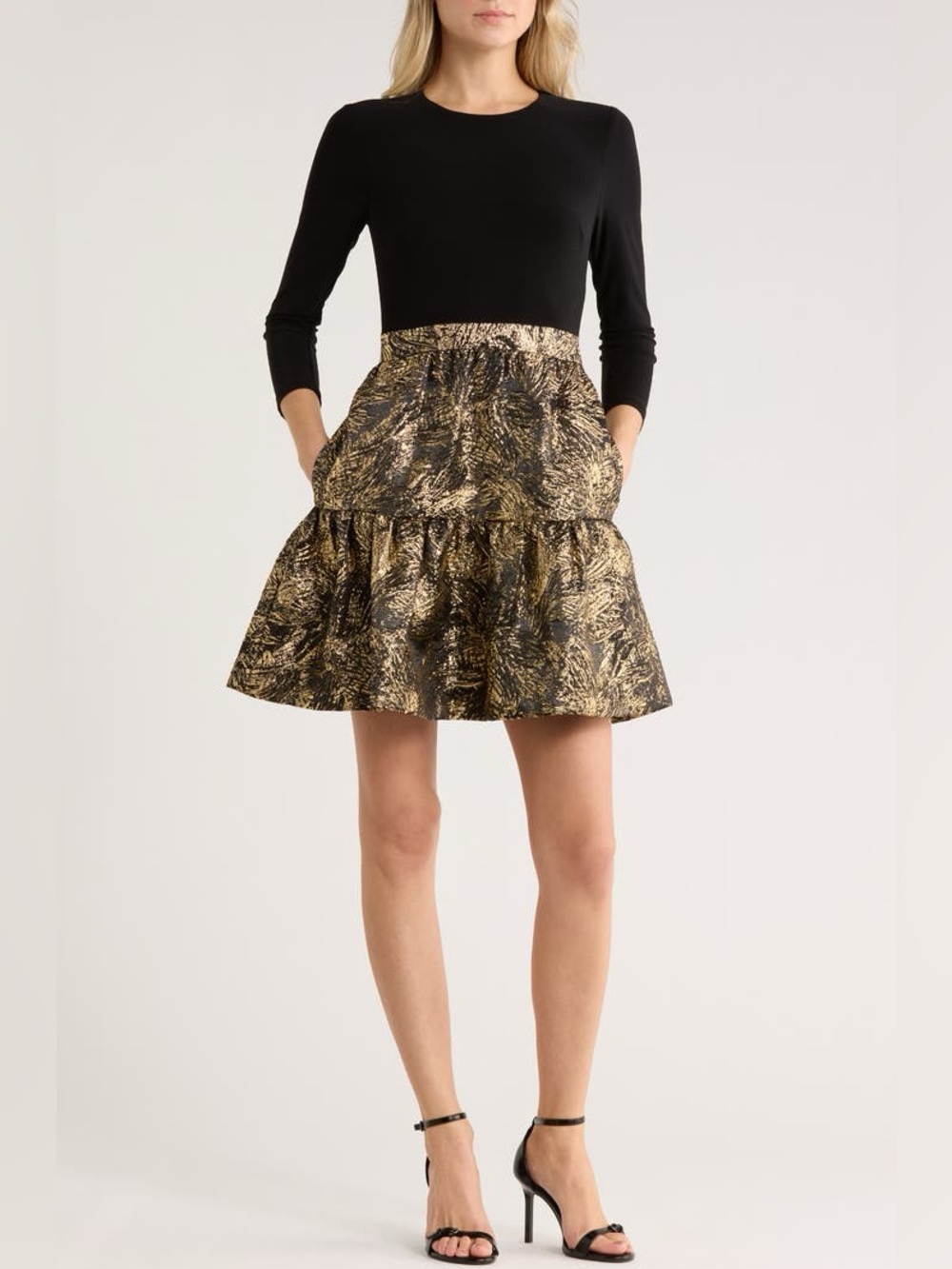 Eliza J Mixed Media Fit and Flare Gold Jacquard Long Sleeve Dress Size 6
